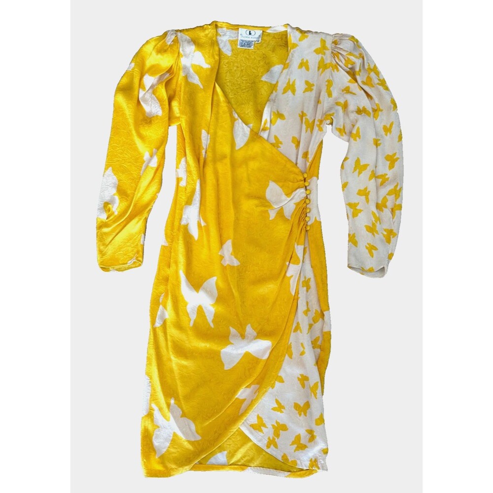 Flora Kung 100% Silk Wrap Dress Yellow Butterfly Jacquard Ruched Size 10 VTG Y2K
